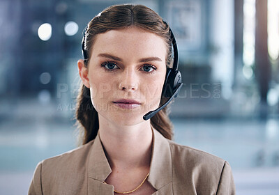 Buy stock photo Serious woman, portrait face and call center with headphones for telemarketing at the office. Female person, consultant or agent with headset for customer service, support or online telecommunication