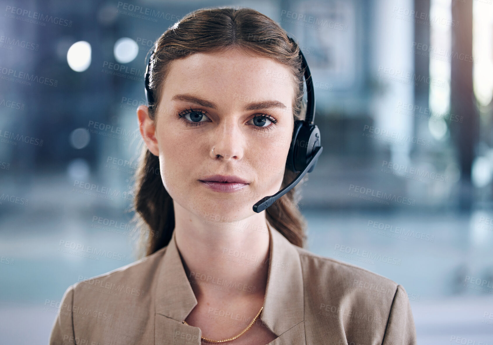 Buy stock photo Serious woman, portrait face and call center with headphones for telemarketing at the office. Female person, consultant or agent with headset for customer service, support or online telecommunication