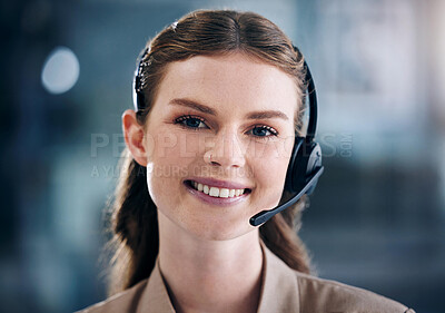 Buy stock photo Happy woman, portrait smile and headphones in call center for customer service, support or telemarketing at office. Face of female person, consultant or agent with headset for online advice or help