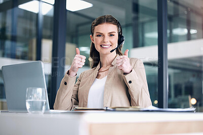 Buy stock photo Thank you, portrait of call center agent with thumbs up and headset at her office in a modern workplace. Telemarketing or customer service, online communication or consultant and female person happy