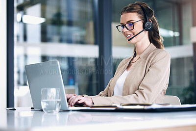Buy stock photo Call center, laptop and business woman, communication, customer support and typing, consulting and e commerce. Ecommerce, agency office and professional person in virtual consultation job on computer