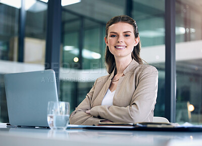 Buy stock photo Business woman, arms crossed and working at desk with laptop, lawyer with confidence and smile in portrait. Professional mindset, female employee at law firm with mission, attorney and legal research
