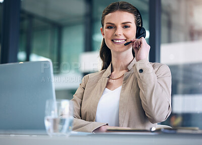 Buy stock photo Portrait, call center and woman with a smile, customer service or consultant with a laptop, headphones and crm. Face, female person or representative with headset, pc or telemarketing with connection