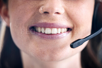 Buy stock photo Woman, closeup and smile in call center with mic for customer service, consulting or advice at office. Mouth, teeth and lips of happy female person, consultant or agent for online telecommunication