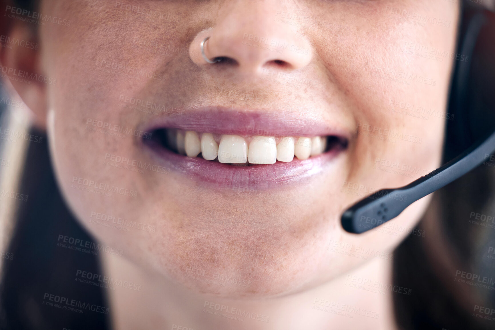 Buy stock photo Woman, closeup and smile in call center with mic for customer service, consulting or advice at office. Mouth, teeth and lips of happy female person, consultant or agent for online telecommunication
