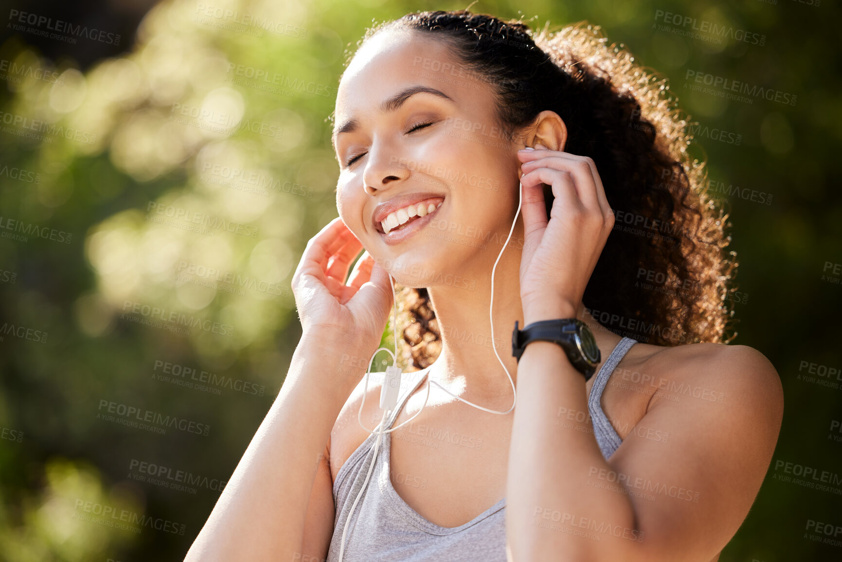 Buy stock photo Fitness, calm and woman in park with music for sports, exercise or audio for motivation. Outdoor, female runner and headset for workout while listening radio, podcast and healthy to run in nature