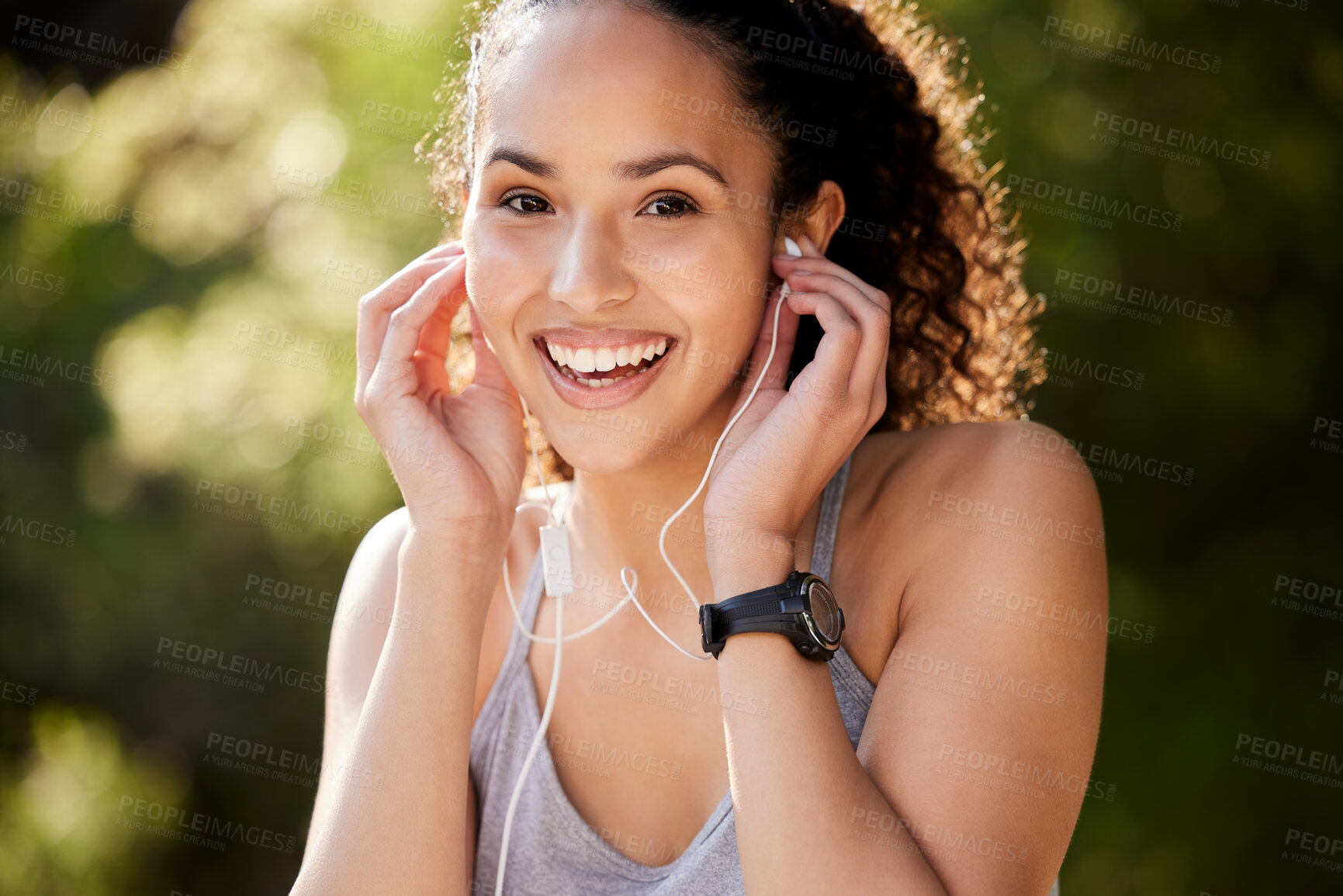 Buy stock photo Outdoor, fitness and girl in portrait with music for sports, exercise or audio for motivation. Space, female runner and headset for workout while listening radio, podcast and healthy to run in nature