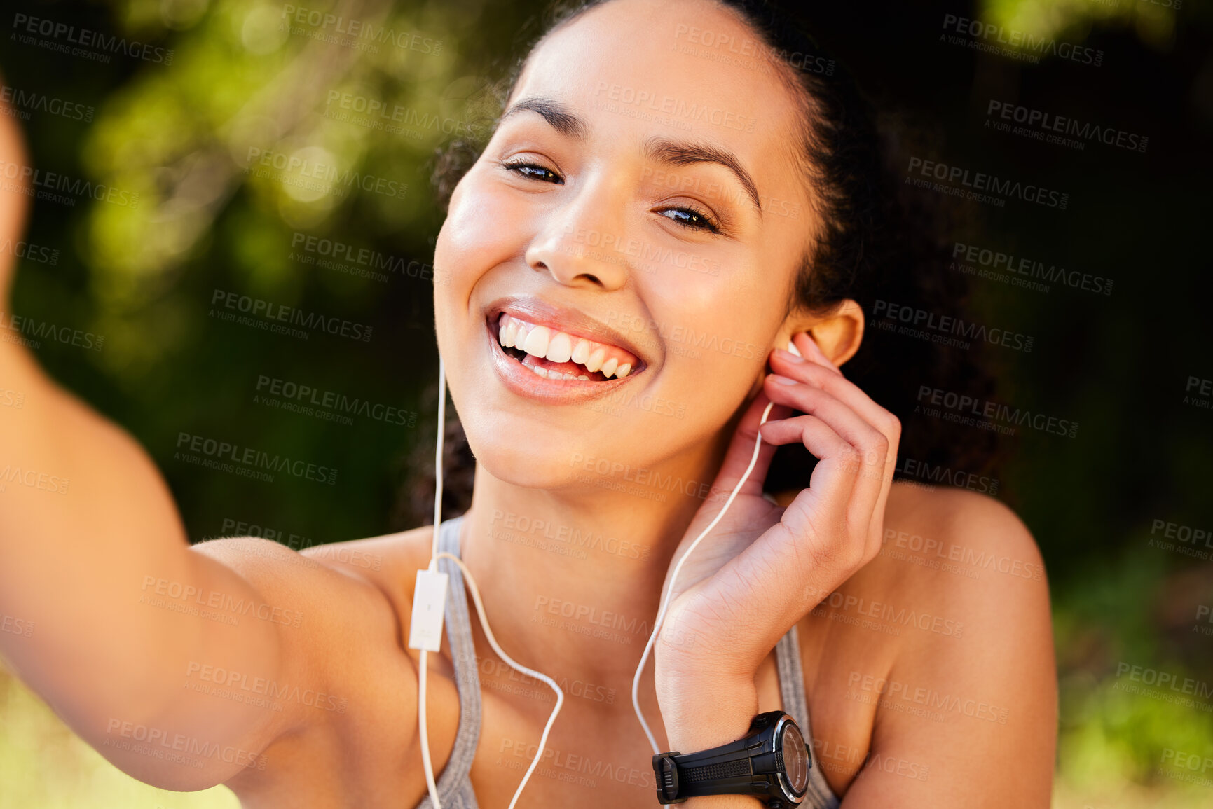 Buy stock photo Fitness, music and selfie with runner woman outdoor in park for cardio, sports or training. Exercise, running and smile with face of happy athlete in nature for workout to improve health or wellness