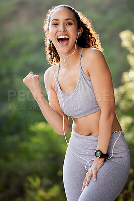 Buy stock photo Fitness, excited and woman in portrait outdoor with music for sports, exercise or audio for motivation. Happy, female runner and headset for workout, listening radio and podcast to run in nature