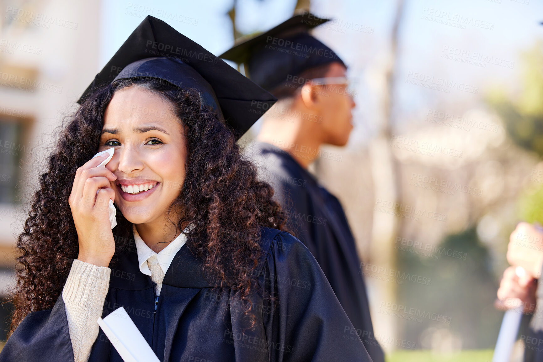 Buy stock photo Emotional ,woman and portrait for success of graduation achievement, celebration and diploma award for studying education. Happy, student and university event for academic scroll for future career