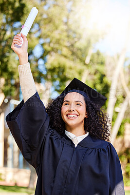 Buy stock photo Success, woman and graduation achievement, celebration and diploma certificate award for studying education goal. Happy, excited student and university event for academic scroll for future career