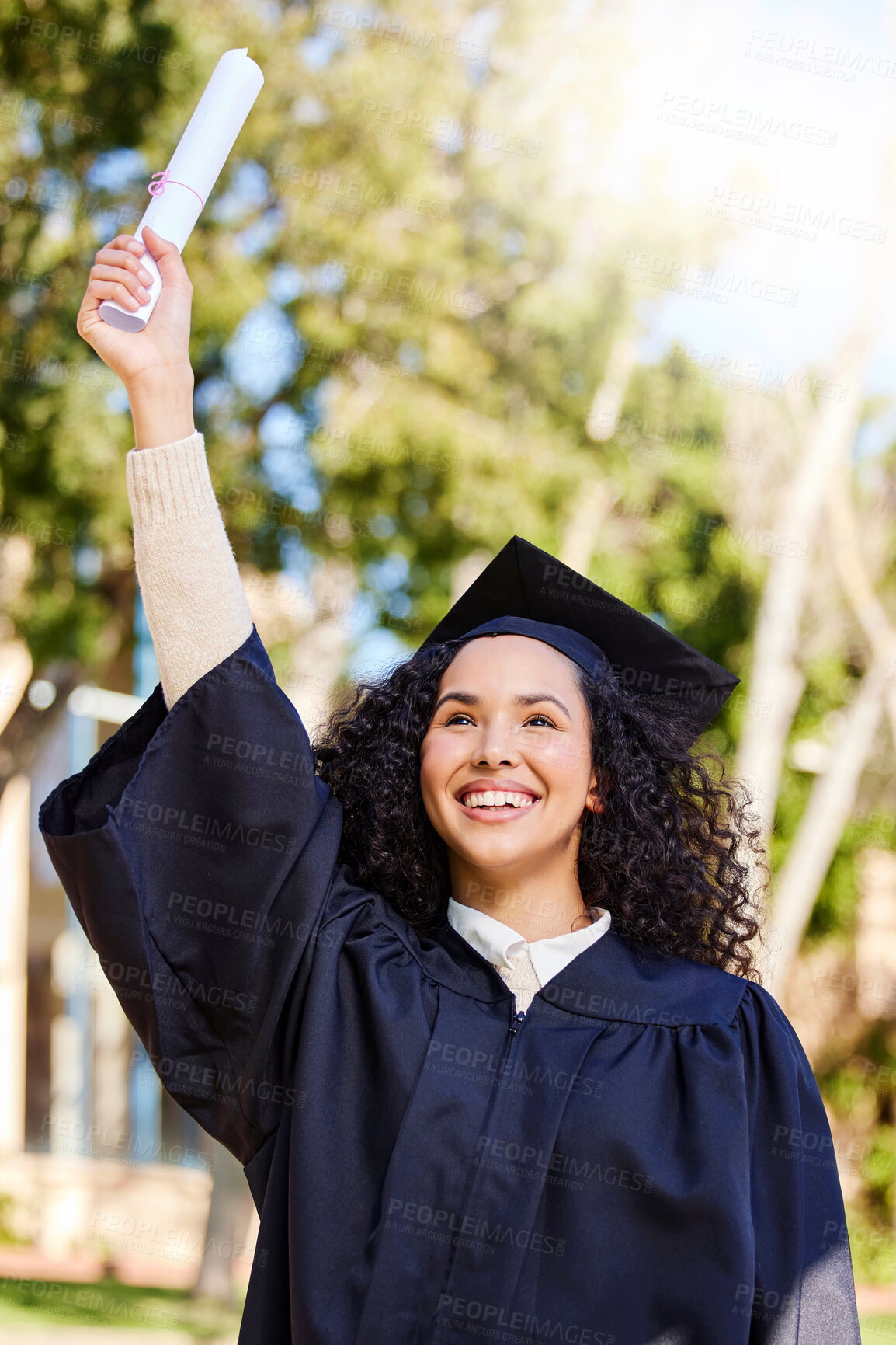 Buy stock photo Success, woman and graduation achievement, celebration and diploma certificate award for studying education goal. Happy, excited student and university event for academic scroll for future career