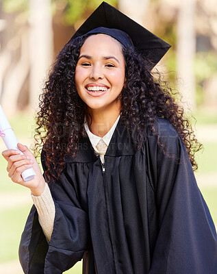 Buy stock photo Woman, happy and portrait for success of graduation achievement, celebration and diploma award for studying education. Excited, student and university event for academic scroll for future career