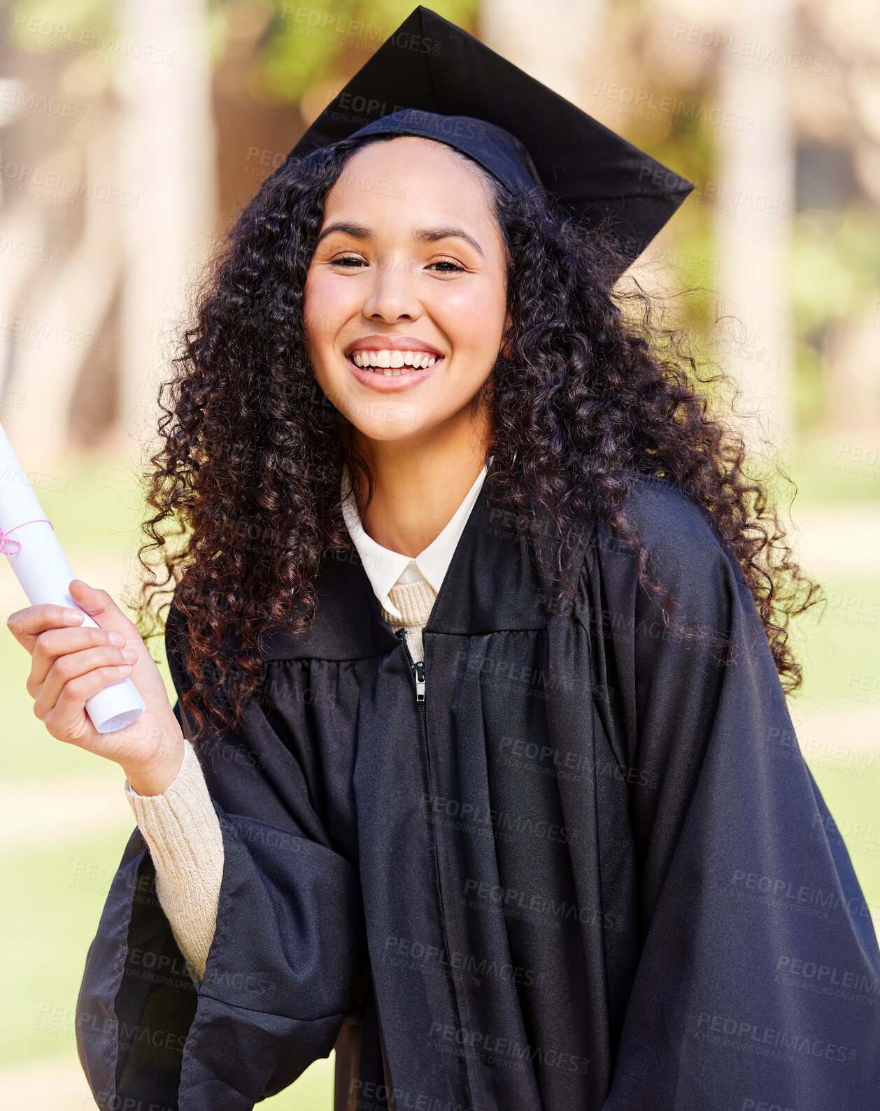 Buy stock photo Woman, happy and portrait for success of graduation achievement, celebration and diploma award for studying education. Excited, student and university event for academic scroll for future career