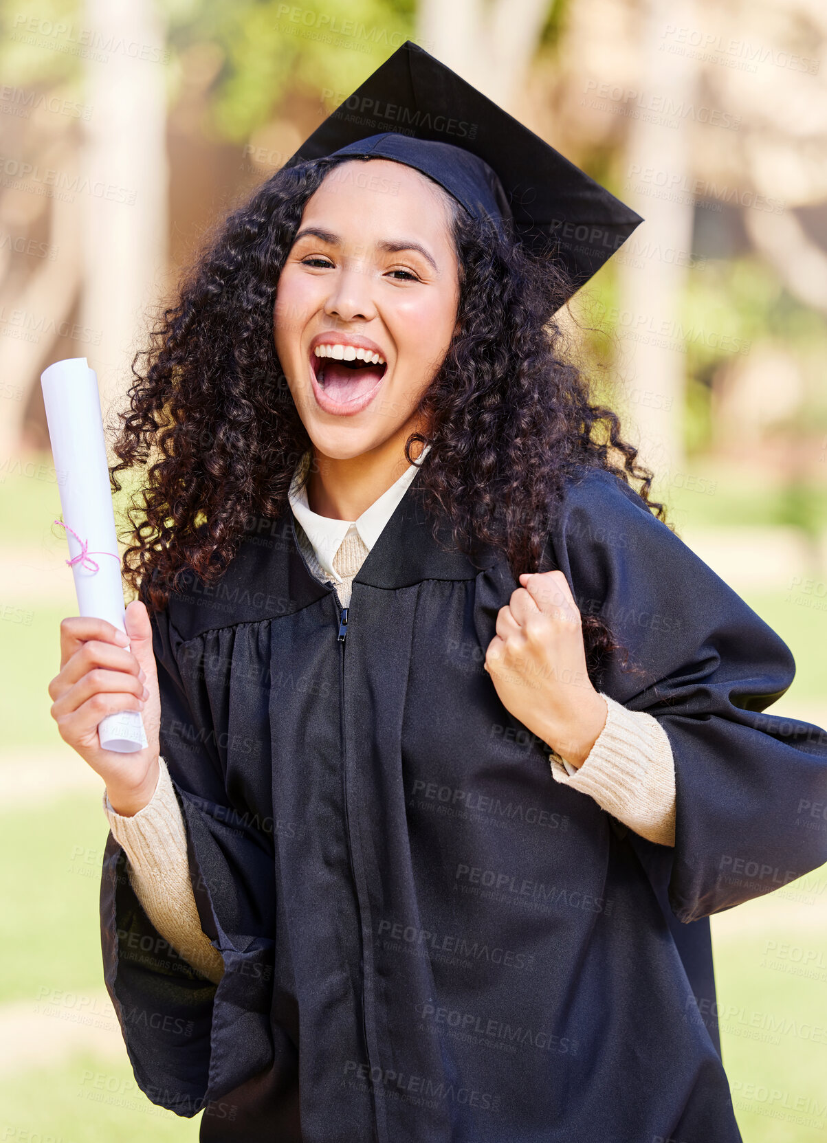 Buy stock photo Excited ,woman and portrait for success of graduation achievement, celebration and diploma award for studying education. Happy, student and university event for academic scroll for future career