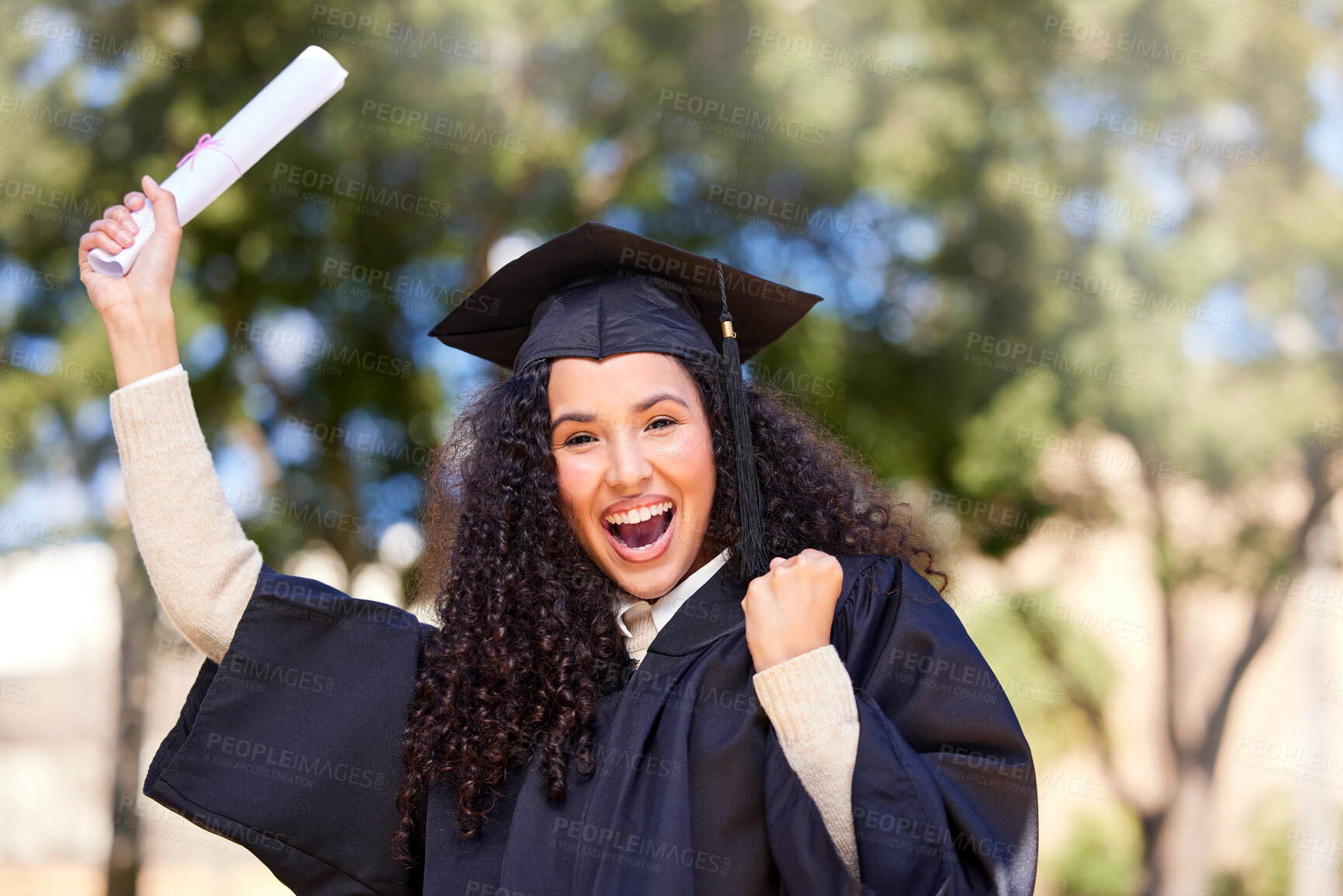 Buy stock photo Success, woman and portrait for achievement of graduation outdoor for celebration with diploma award of studying education. Happy, student and university event for academic scroll for future career