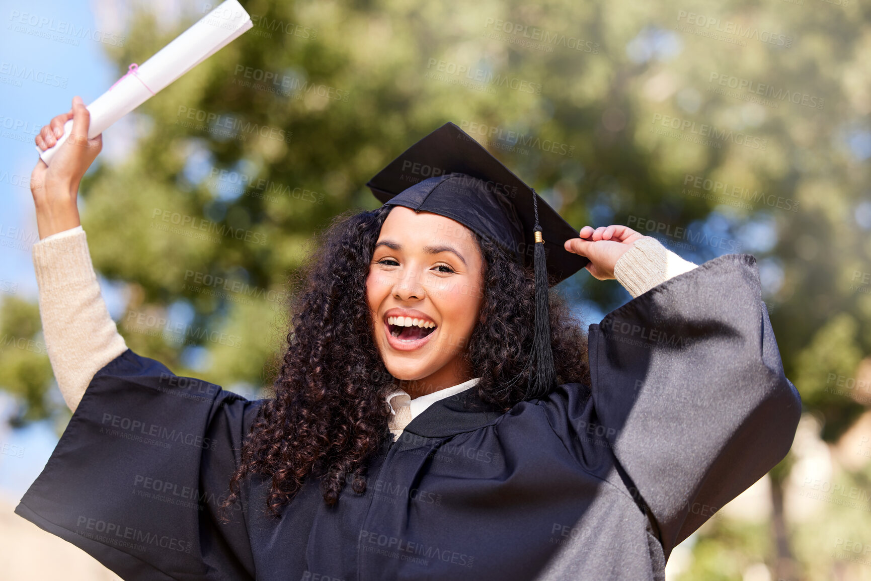 Buy stock photo Achievement, woman and portrait for success of graduation outdoor for celebration with diploma award of studying education. Happy, student and university event for academic scroll for future career