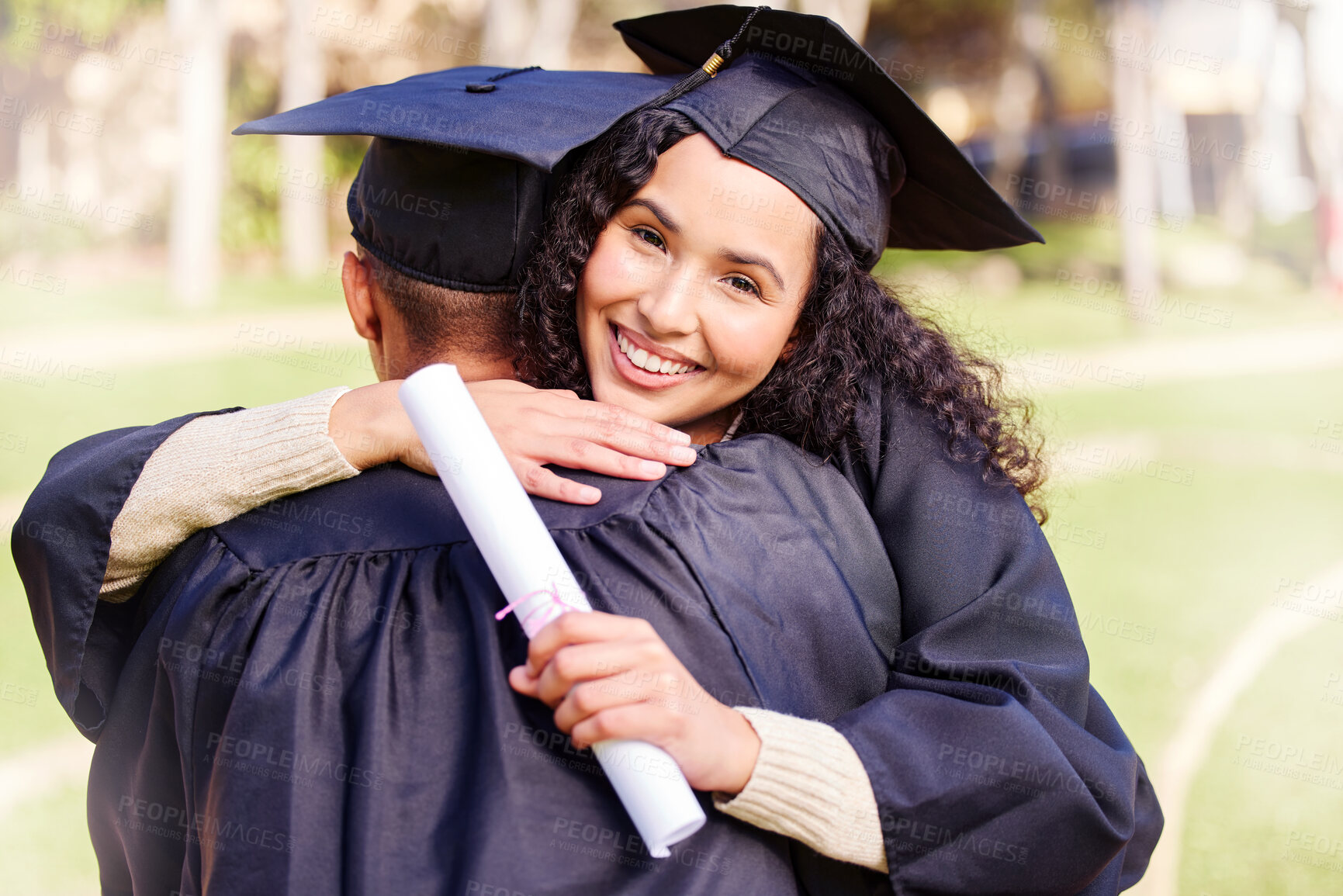 Buy stock photo Woman, portrait and happy on hug for graduation with certificate on campus, celebration and success. Achievement, university and pride with smile or confident for future and qualification completion