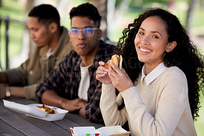 Buy stock photo Students, smile and friends eating a burger together in university or college campus for a break meal. Happy, portrait and woman with group of young people with food, lunch or relax in a restaurant