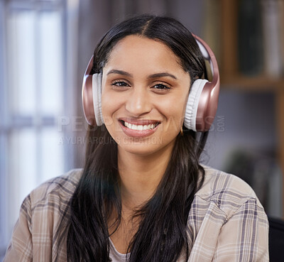 Buy stock photo Female student, portrait and headphones with smile for study in university with music or podcast. Education, radio and songs with auditory learning in college with recorded materials for knowledge.