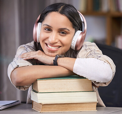 Buy stock photo Smile, textbook and portrait of girl with headphones for music, learning and literature for exam. Happy, student and relax with books at university for scholarship, knowledge and streaming of audio