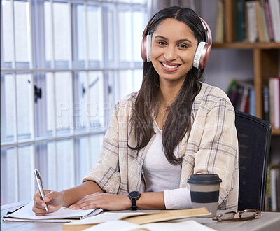 Buy stock photo Portrait, headphones and girl with notebook in library for learning, studying or listening to music. University, student and smile with books on table for knowledge, information or streaming of audio