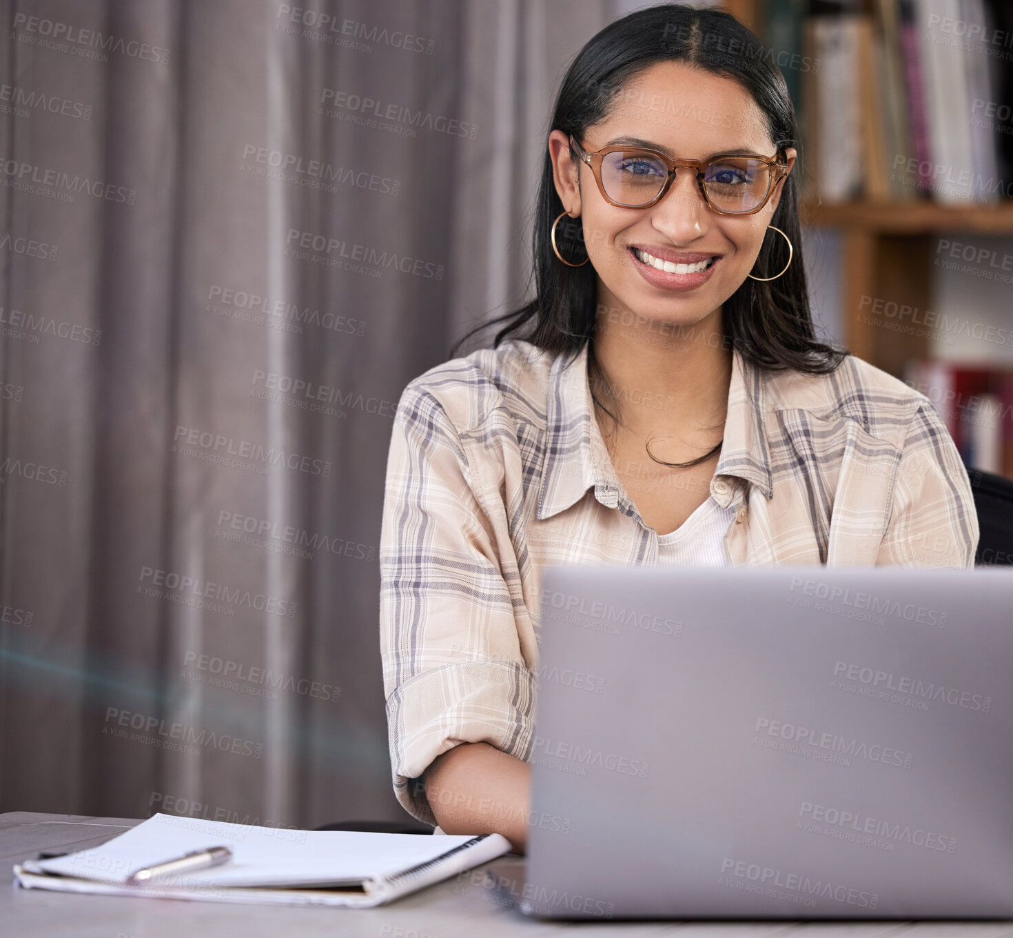 Buy stock photo Laptop, study and portrait of student by table for elearning, knowledge and research on assignment. University, girl and smile with technology at home for education, scholarship and online course