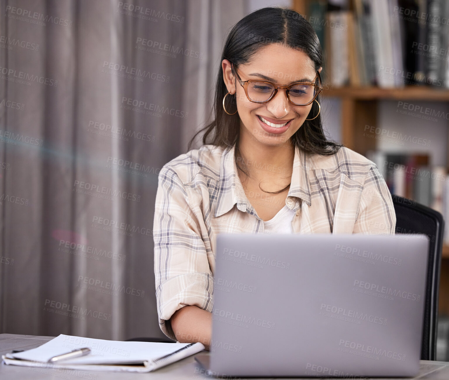 Buy stock photo Laptop, study and girl with notebook by table for knowledge, studying and research on assignment. University, student and smile with technology at home for elearning, scholarship and online education