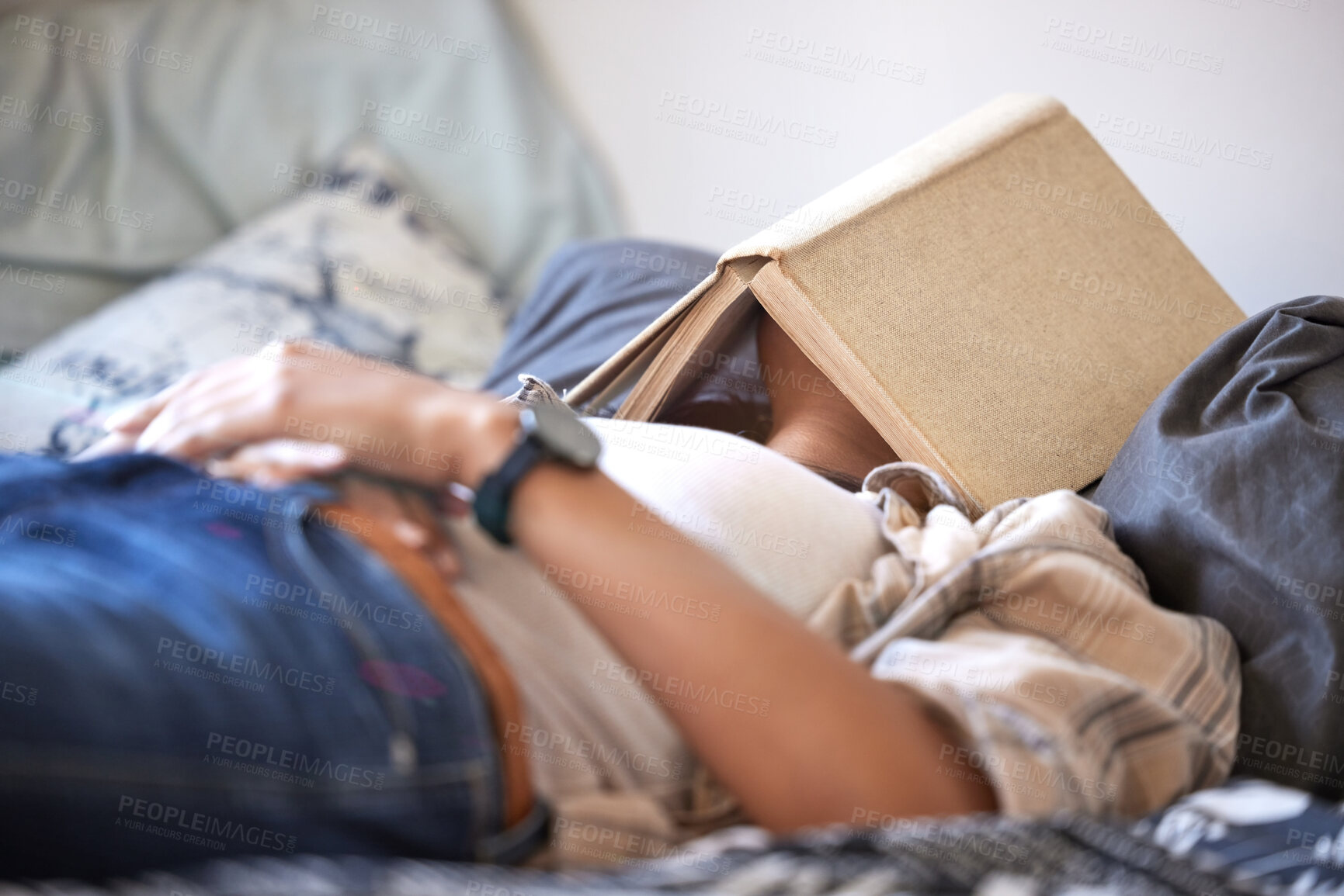 Buy stock photo Woman, book and student on bed for nap with sleeping for study break, academic knowledge and tired. Frustrated girl, notebook and home in bedroom for tuition loan with school debt and depression