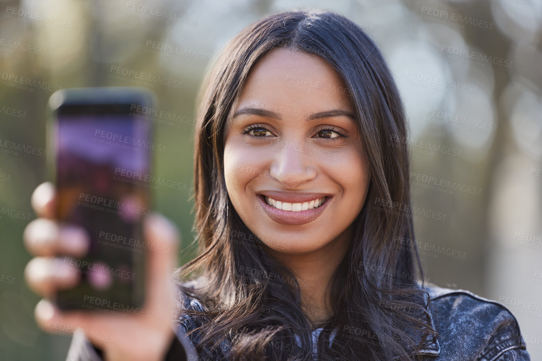 Buy stock photo Young woman, selfie or portrait outdoor in park for social media, internet sharing and memories. Happy, female person or student in nature with photography for communication, contact and online post