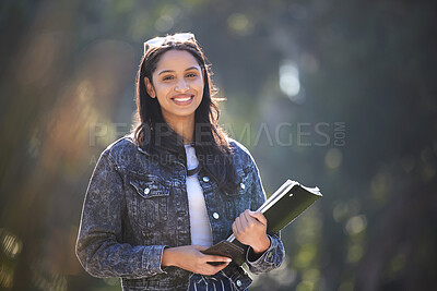 Buy stock photo Happy, woman or student in nature with smartphone and books for commute to college campus. Smile, female person and mobile with notebook for travel, learning and scholarship for university education