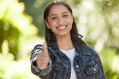 Buy stock photo Portrait, woman and happy in outdoor, thumbs up and opportunity at university, campus or college as student. Female person, candidate and vote for leadership in school as representative in election
