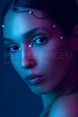 Buy stock photo Pearl, beauty and portrait of woman in studio for skincare glow, dermatology and satisfaction. Creative, neon and female person with pride in cosmetic treatment for artistic, self care and shine