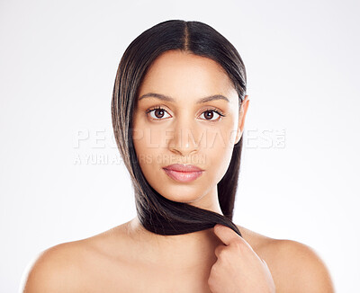 Buy stock photo Portrait, hair care and woman with beauty, shine and cosmetics on white studio background. Face, person or model with volume, aesthetic or dermatology with grooming routine, keratin treatment or glow