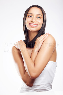 Buy stock photo Portrait, hair care and woman with beauty, smile and cosmetics on white studio background. Face, person and model with volume, texture or shine with grooming routine, dermatology or keratin treatment