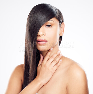 Buy stock photo Portrait, hair care and woman with shine, texture or cosmetics on white studio background. Face, person or model with beauty, aesthetic or dermatology with grooming routine, keratin treatment or glow