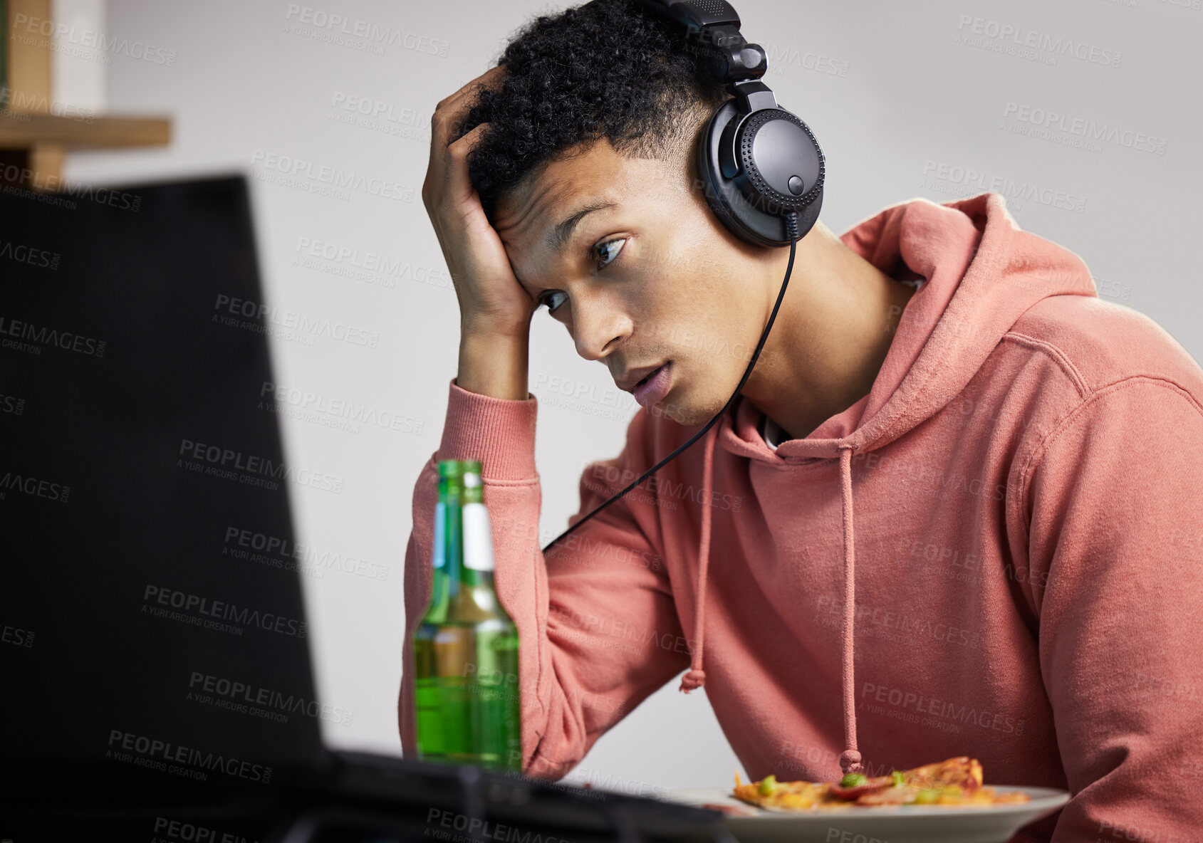 Buy stock photo Stress, gaming and man with computer, food and beer at desk for streaming with technology. Pizza, beer and gamer with headphones, fail or mistake in online entertainment, esports or web competition