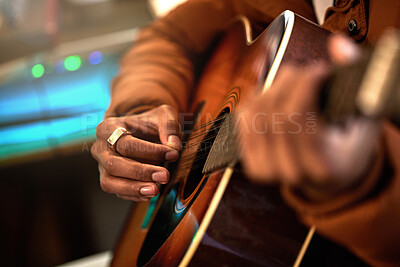 Buy stock photo Guitar, hands and man in a studio with a closeup for production with musician and creativity. Artist, playing and acoustic instrument with hand for performance with audio and skills at the house.