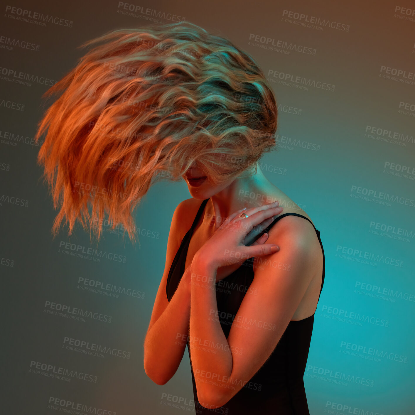 Buy stock photo Hair flip, beauty and woman in studio for keratin treatment, shampoo or salon haircut on blue background. Transformation, hairstyle and female model for texture, growth and natural shine with mockup