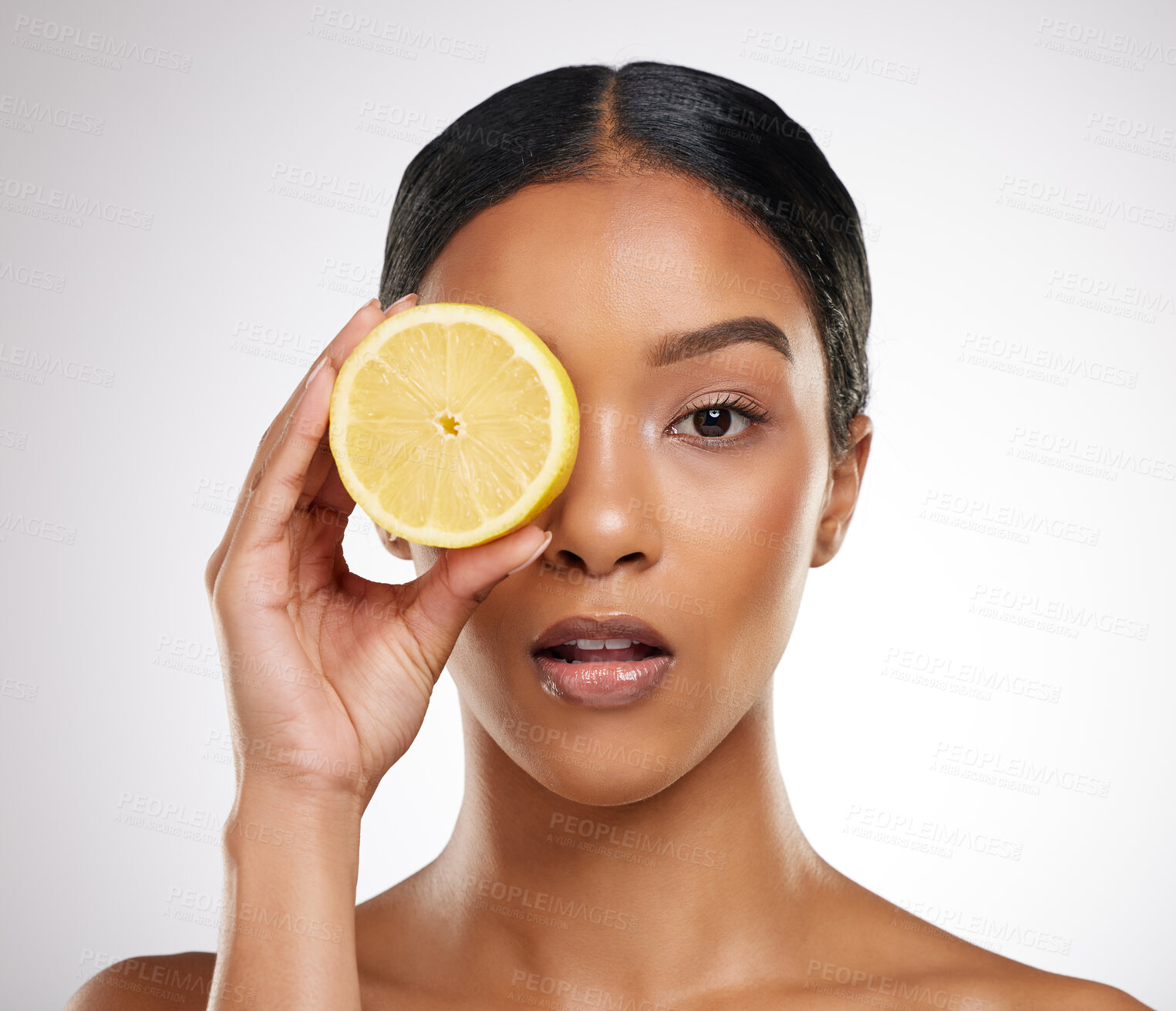 Buy stock photo Lemon, skincare and portrait of woman in studio with natural organic and healthy facial treatment. Beauty, wellness and person with citrus fruit for vitamin c for dermatology by gray background.