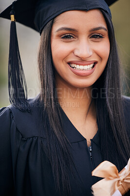 Buy stock photo Happy graduation and portrait of woman at college for future, scholarship and achievement. Certificate, university and success with female student for school, diploma and graduate celebration