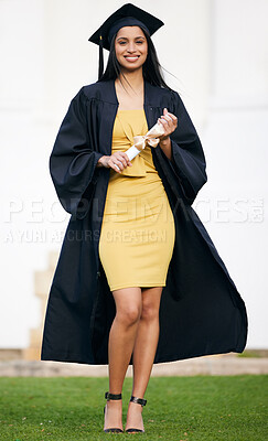 Buy stock photo Smile, graduation and portrait of woman at college for future, scholarship and achievement. Certificate, university and success with female student for school, diploma and graduate celebration