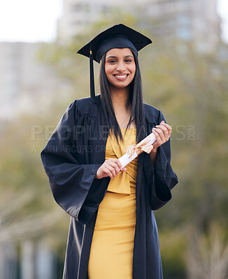 Buy stock photo Education, graduation and portrait of woman at college for future, scholarship and achievement. Certificate, university and success with female student for school, diploma and graduate celebration