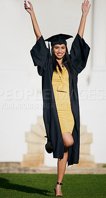 Buy stock photo Celebration, university and portrait of woman for graduation, ceremony and achievement. College, academy and happy student with degree, success and certificate for education, learning and studying