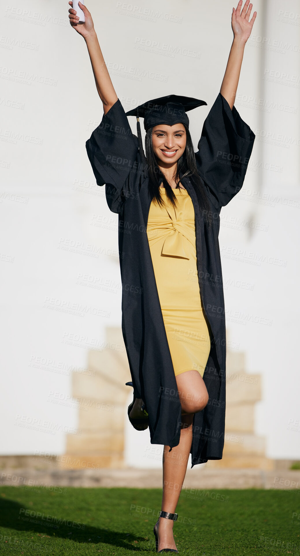 Buy stock photo Celebration, university and portrait of woman for graduation, ceremony and achievement. College, academy and happy student with degree, success and certificate for education, learning and studying