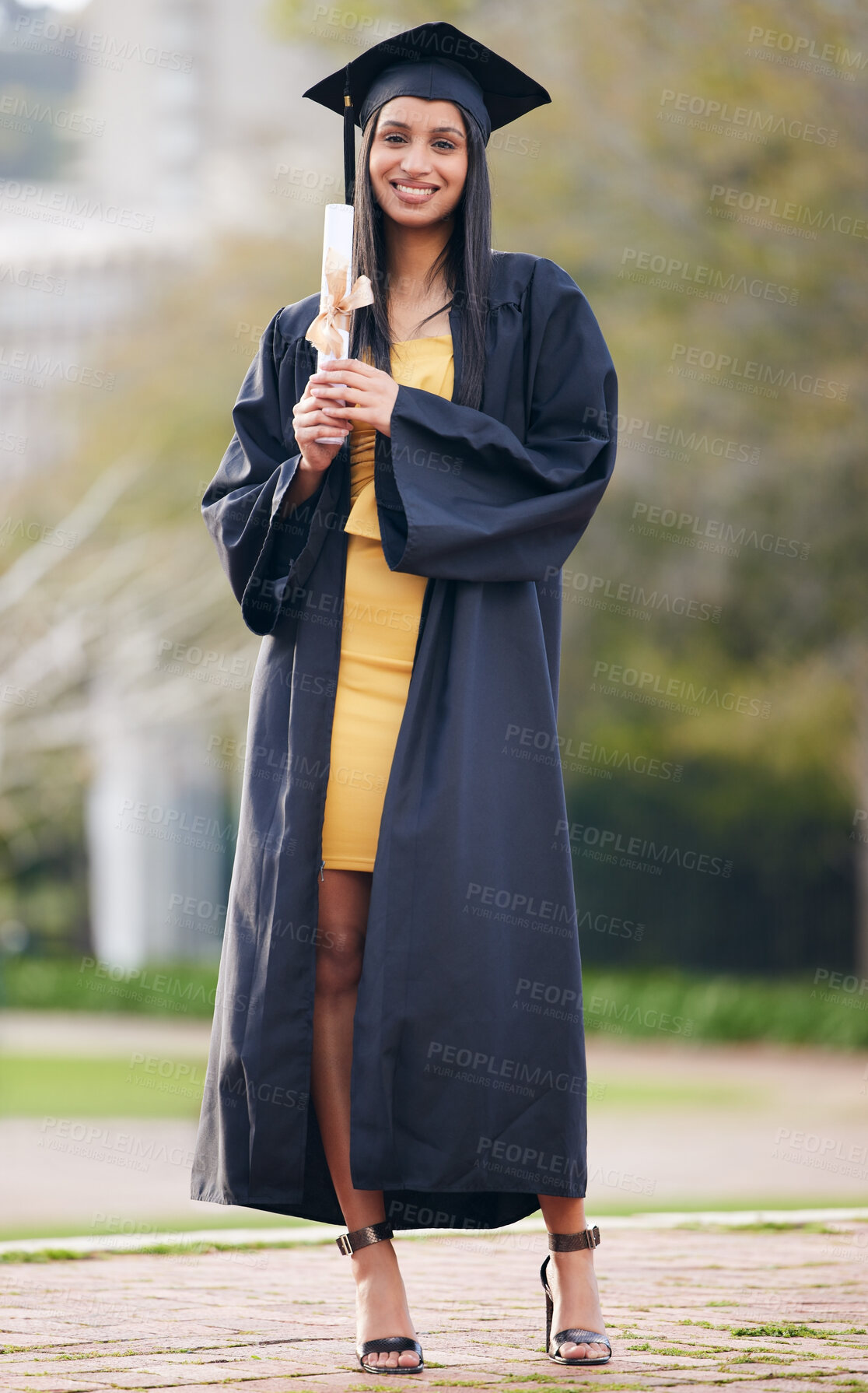 Buy stock photo Diploma, graduation and portrait of woman at college for future, scholarship and achievement. Certificate, university and success with female student for school, education and graduate celebration