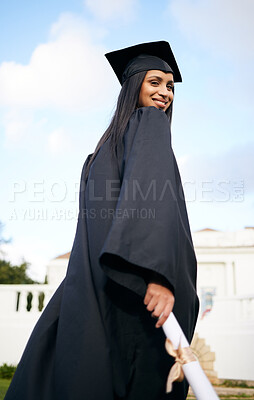 Buy stock photo Portrait, certificate and back with a woman graduate on university campus for a celebration event outdoor. Graduation, education and future with a happy young female student alone outside at college