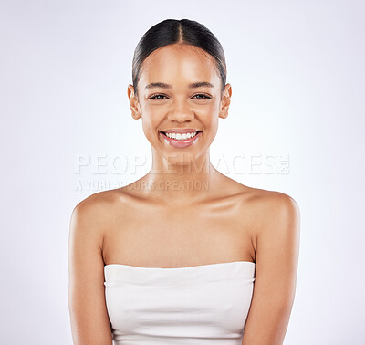 Buy stock photo Woman, skincare and portrait in studio with smile for cosmetics, dermatology or glowing skin on white background. Spa, wellness and model for satisfaction, beauty or fresh treatment with mockup