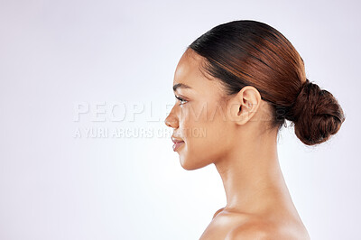 Buy stock photo Beauty, skincare and space with profile of woman in studio for mockup, natural and cosmetics. Self care, glow and spa with face of female model on white background for wellness, salon and makeup