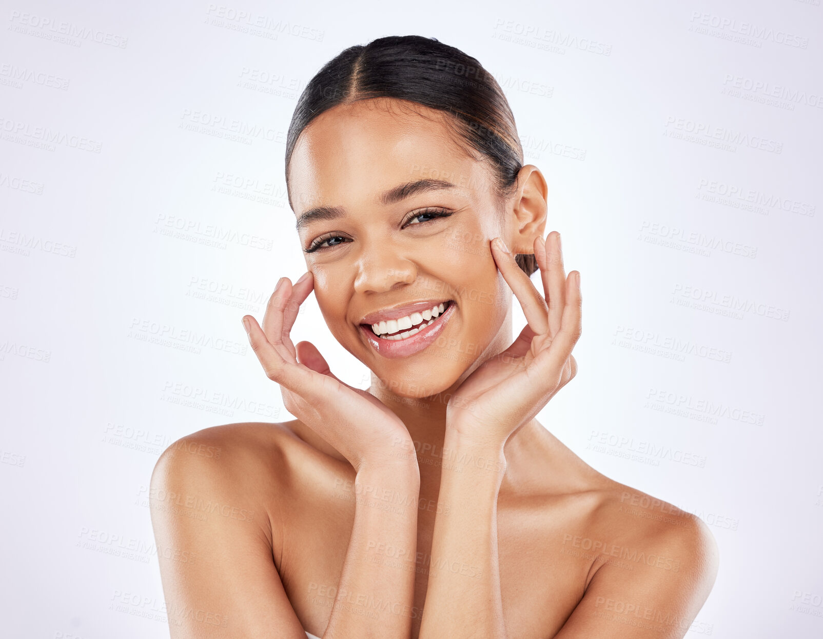 Buy stock photo Woman, portrait and smile for skincare in studio on white background and satisfied with routine. Natural, beauty and happy with confidence on transformation with skin treatment or results for glow